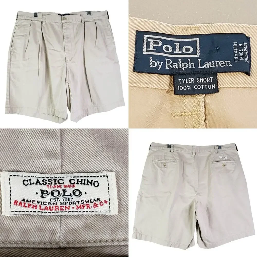 Vintage Polo Ralph Lauren Tyler Shorts Mens Size 40 Khaki Pleated Chino Cotton